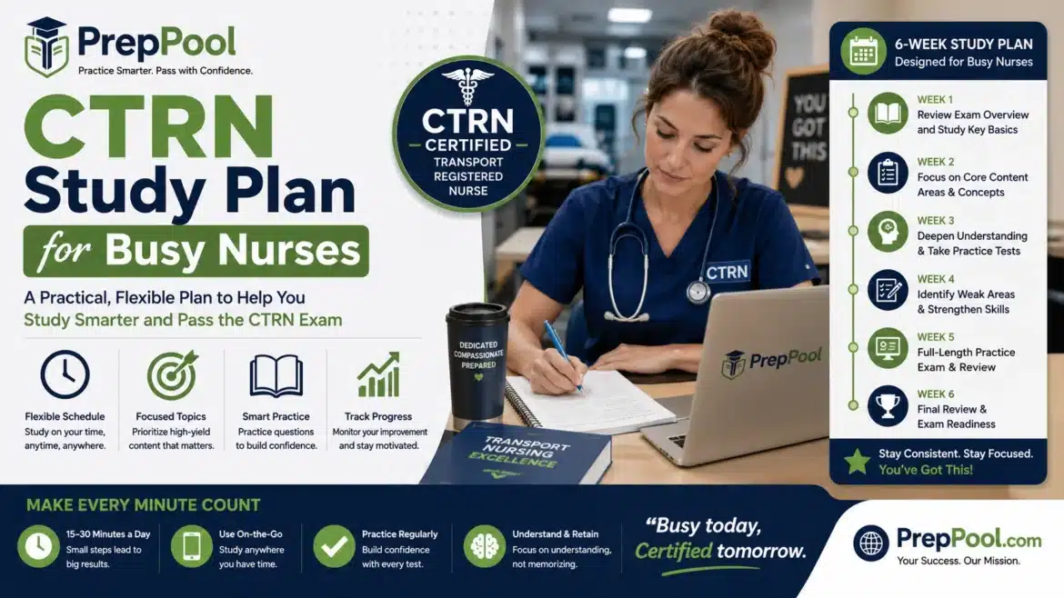 PrepPool CTRN Study Plan for Busy Nurses featuring a 6-week Certified Transport Registered Nurse exam preparation schedule, focused study topics, practice tests, progress tracking, and flexible daily study tips.