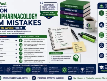 PrepPool infographic explaining common psychopharmacology exam mistakes and how to avoid them, including medication review strategies, drug interaction concepts, adverse effects, active recall, time management, and practical study techniques for exam success.