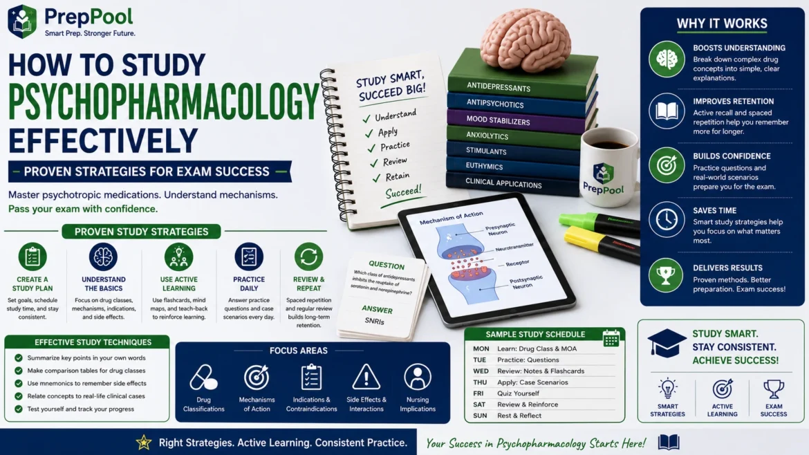 PrepPool infographic explaining how to study psychopharmacology effectively with active learning techniques, study planning, drug classification review, practice questions, spaced repetition, and proven exam preparation strategies for mastering psychotropic medications.