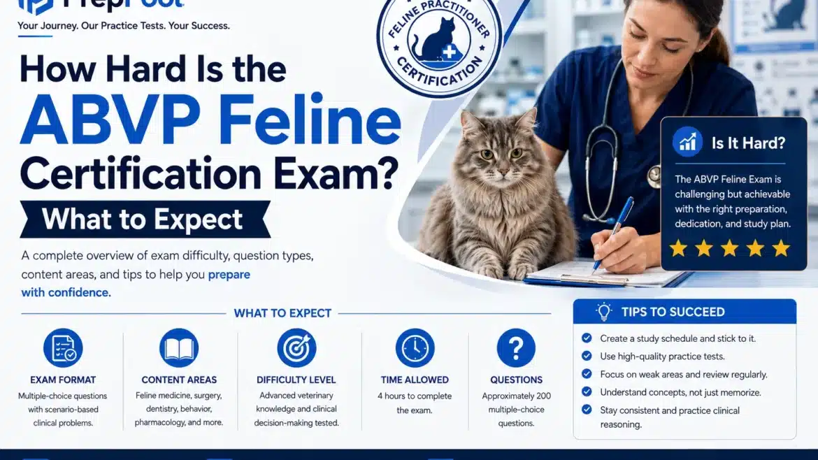 PrepPool infographic explaining the difficulty of the ABVP Feline Certification Exam, including exam format, content areas, clinical reasoning, study tips, and what candidates should expect.