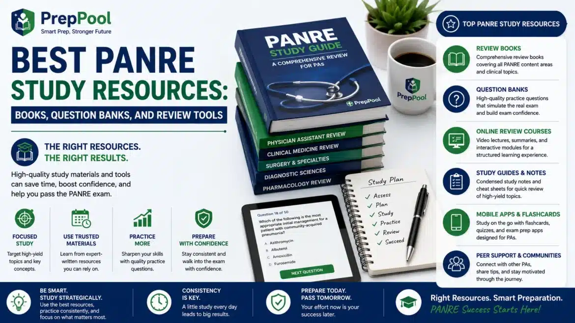 PrepPool infographic highlighting the best PANRE study resources, including review books, question banks, study guides, flashcards, online review tools, and practice materials for physician assistants preparing for the PANRE exam.