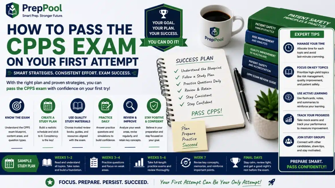 PrepPool infographic showing proven strategies to pass the CPPS exam on the first attempt, including study planning, practice questions, time management, review techniques, and expert preparation tips for Certified Professional in Patient Safety candidates.