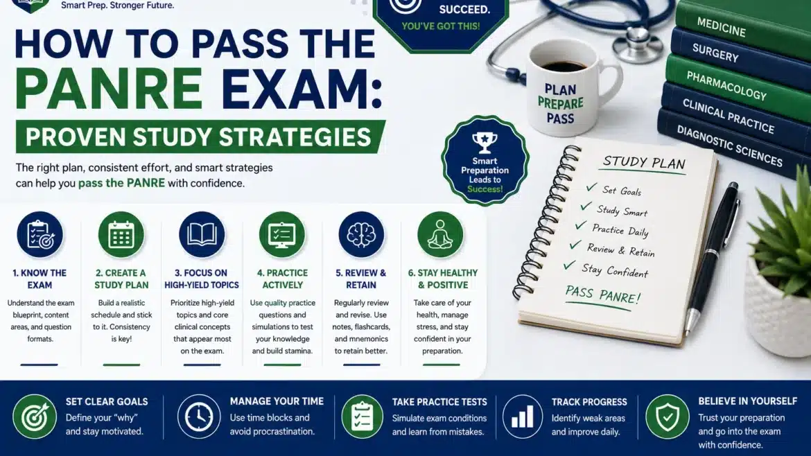 PrepPool infographic featuring proven PANRE study strategies, including goal setting, time management, high-yield topics, practice questions, review techniques, and effective preparation tips for physician assistants.