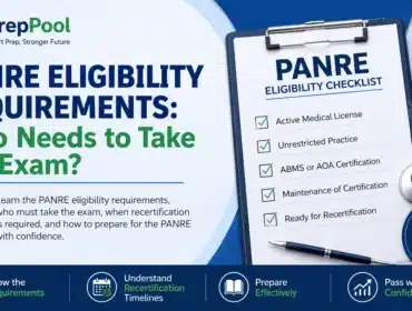 PrepPool infographic explaining PANRE eligibility requirements, who must take the PANRE exam, recertification timeline, and exam preparation tips for certified physician associates.