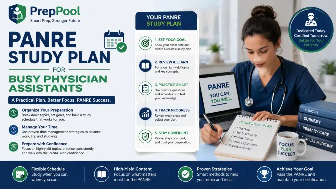 PrepPool infographic explaining PANRE eligibility requirements, who must take the PANRE exam, recertification timeline, and exam preparation tips for certified physician associates.