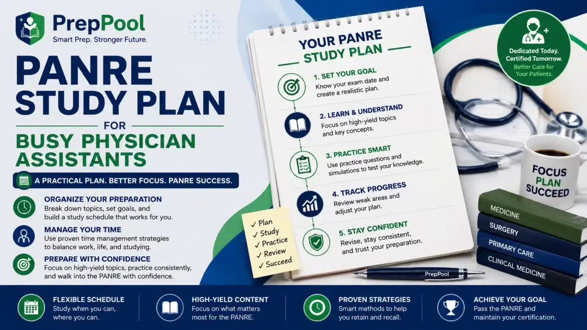PrepPool infographic showing a practical PANRE study plan for busy physician assistants, including time management strategies, study scheduling, high-yield topics, and exam preparation tips for successful recertification.
