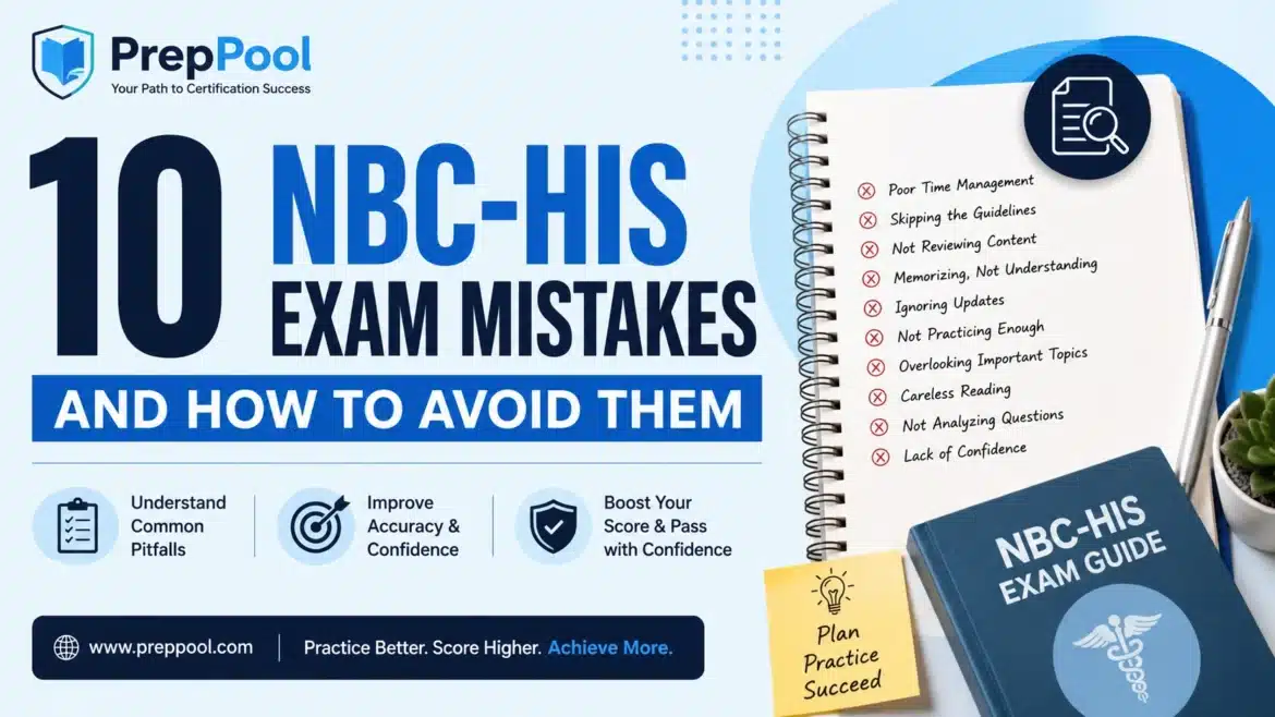 PrepPool infographic showing the 10 most common NBC-HIS exam mistakes and practical tips to avoid them for better preparation and first-time exam success.
