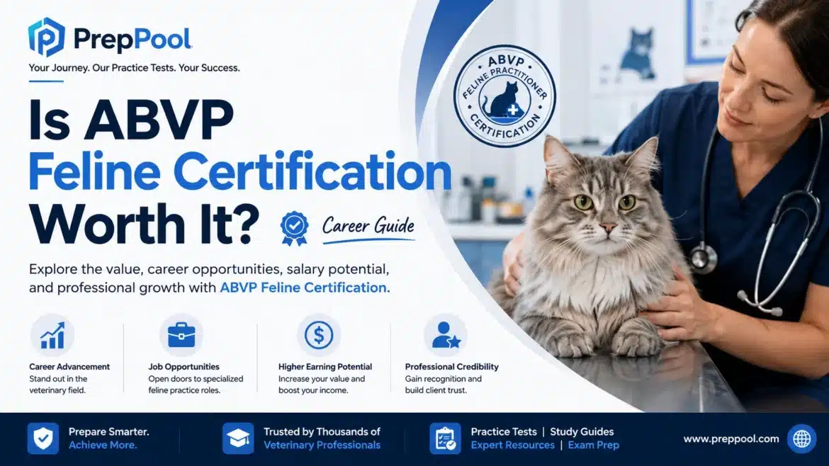 PrepPool infographic showing a veterinarian examining a cat with the title "Is ABVP Feline Certification Worth It? Career Guide" and highlighting career opportunities, earning potential, and professional growth.