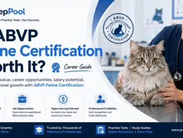 PrepPool infographic showing a veterinarian examining a cat with the title "Is ABVP Feline Certification Worth It? Career Guide" and highlighting career opportunities, earning potential, and professional growth.