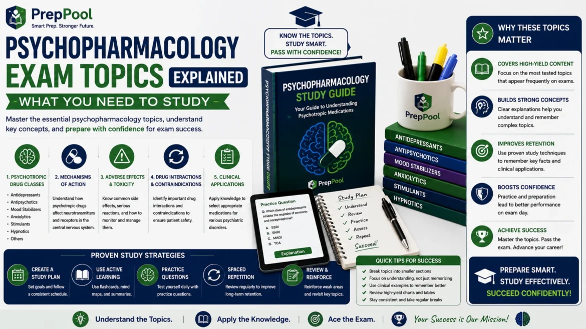 PrepPool infographic explaining key psychopharmacology exam topics, including psychotropic medication classes, mechanisms of action, adverse effects, drug interactions, contraindications, clinical applications, and effective study strategies for exam success.