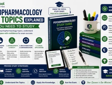 PrepPool infographic explaining key psychopharmacology exam topics, including psychotropic medication classes, mechanisms of action, adverse effects, drug interactions, contraindications, clinical applications, and effective study strategies for exam success.