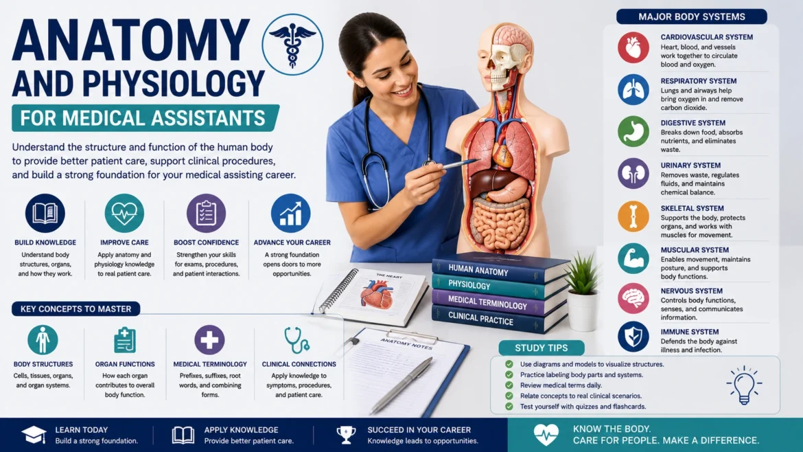 Educational infographic explaining anatomy and physiology for medical assistants, featuring major body systems, organs, medical terminology, clinical concepts, and study tips for healthcare training and certification exam preparation.