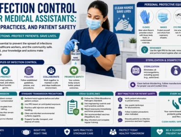 Educational infographic on infection control for medical assistants covering hand hygiene, personal protective equipment (PPE), sterilization, disinfection, transmission precautions, OSHA guidelines, and patient safety best practices.