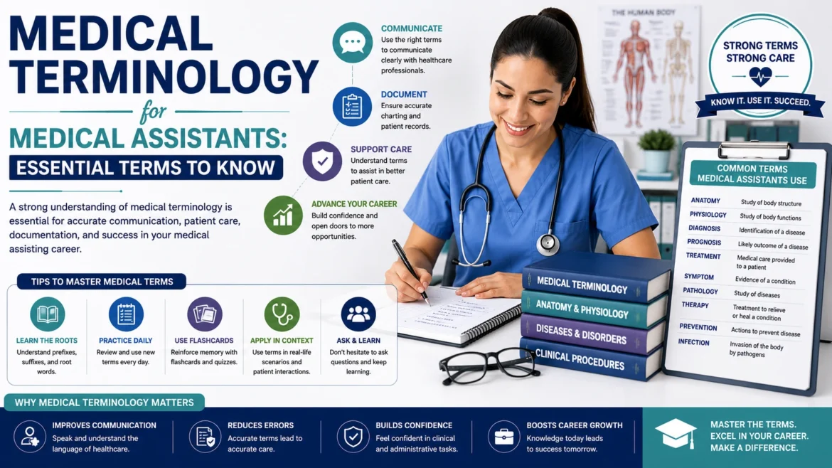 Educational infographic explaining essential medical terminology for medical assistants, including common healthcare terms, anatomy, physiology, documentation, communication, and study tips for clinical practice and certification exam preparation.