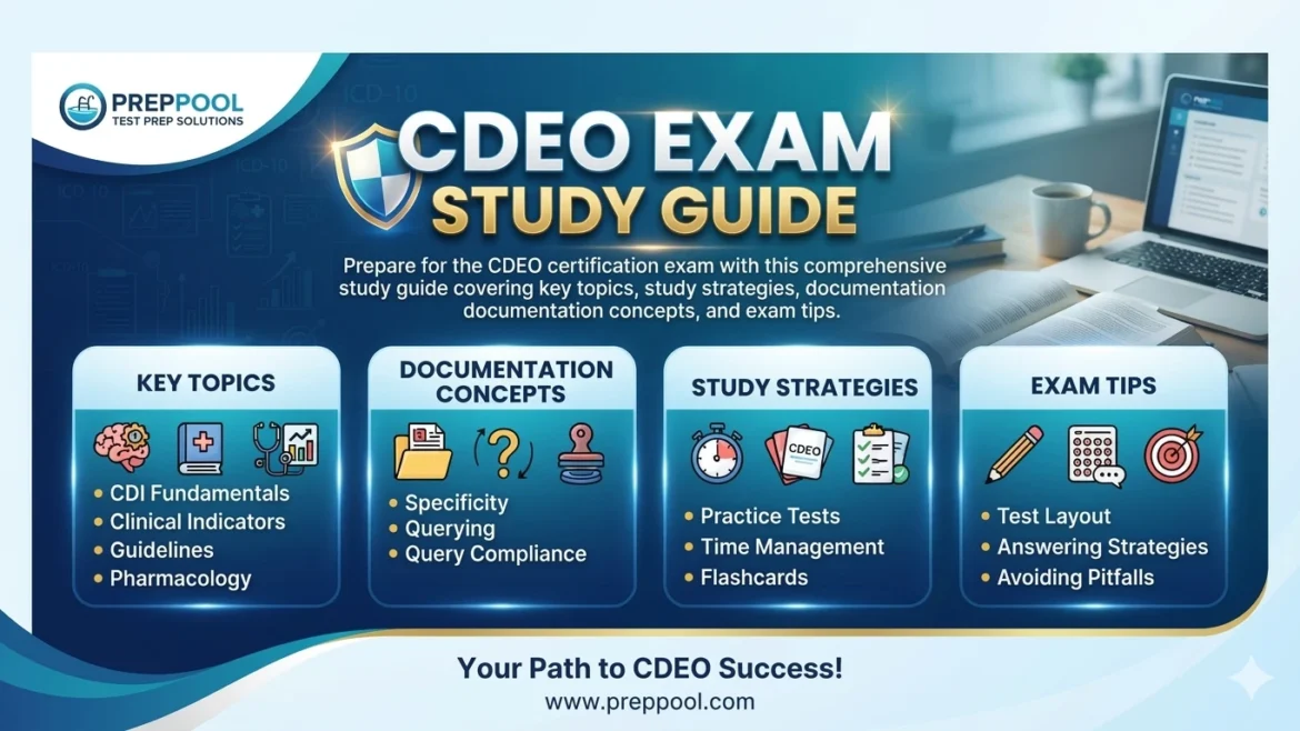 Comprehensive CDEO Exam Study Guide banner by PrepPool, highlighting key topics, documentation concepts, study strategies, and exam tips for clinical documentation certification preparation.