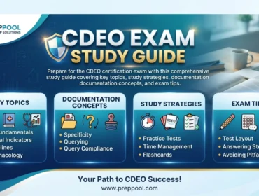 Comprehensive CDEO Exam Study Guide banner by PrepPool, highlighting key topics, documentation concepts, study strategies, and exam tips for clinical documentation certification preparation.