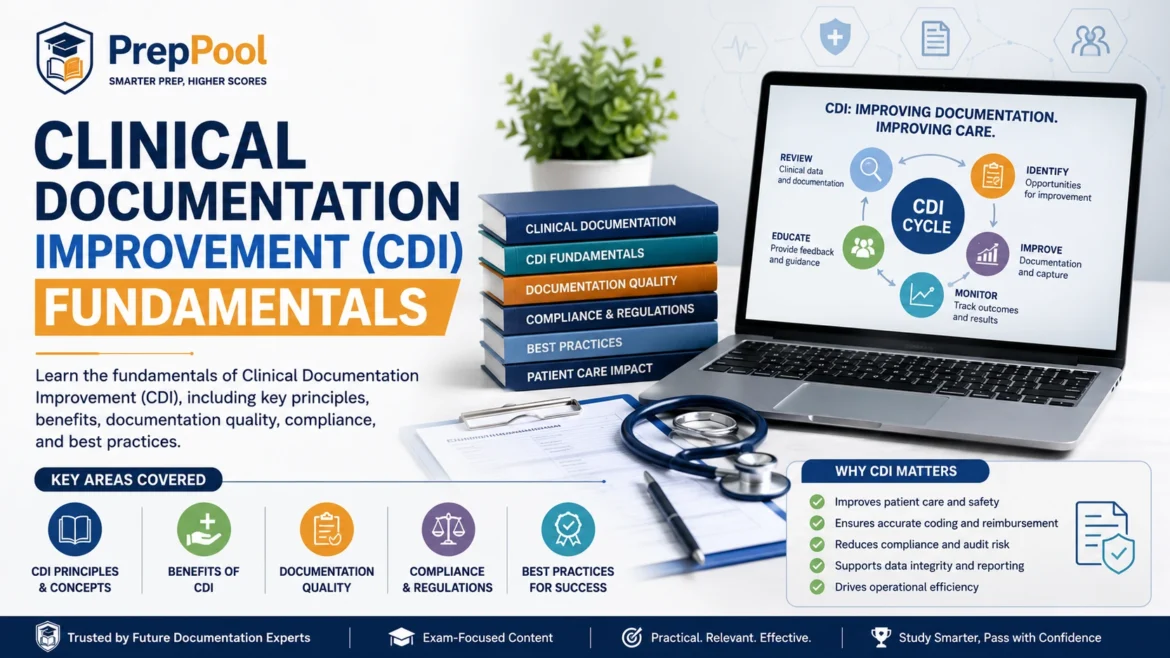 PrepPool Clinical Documentation Improvement (CDI) Fundamentals infographic explaining CDI principles, documentation quality, compliance requirements, coding accuracy, healthcare documentation best practices, and patient care improvement.