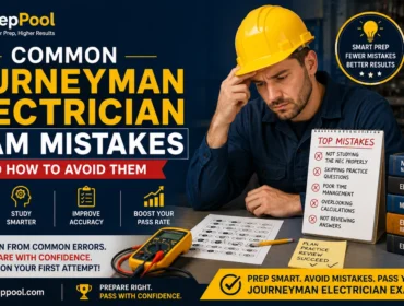 Common Journeyman Electrician Exam mistakes and how to avoid them, featuring practical study strategies, NEC code preparation, time management tips, and realistic practice questions to improve exam performance by PrepPool.