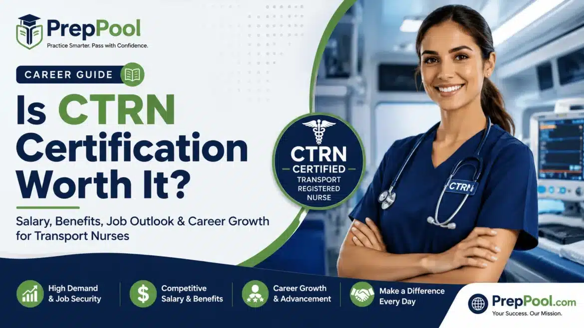 PrepPool career guide explaining whether CTRN certification is worth it, featuring a Certified Transport Registered Nurse with insights on salary, benefits, career growth, and job outlook.