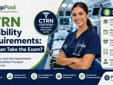 PrepPool infographic explaining CTRN eligibility requirements, including RN license, transport nursing experience, clinical practice hours, and eligibility criteria for the Certified Transport Registered Nurse exam.