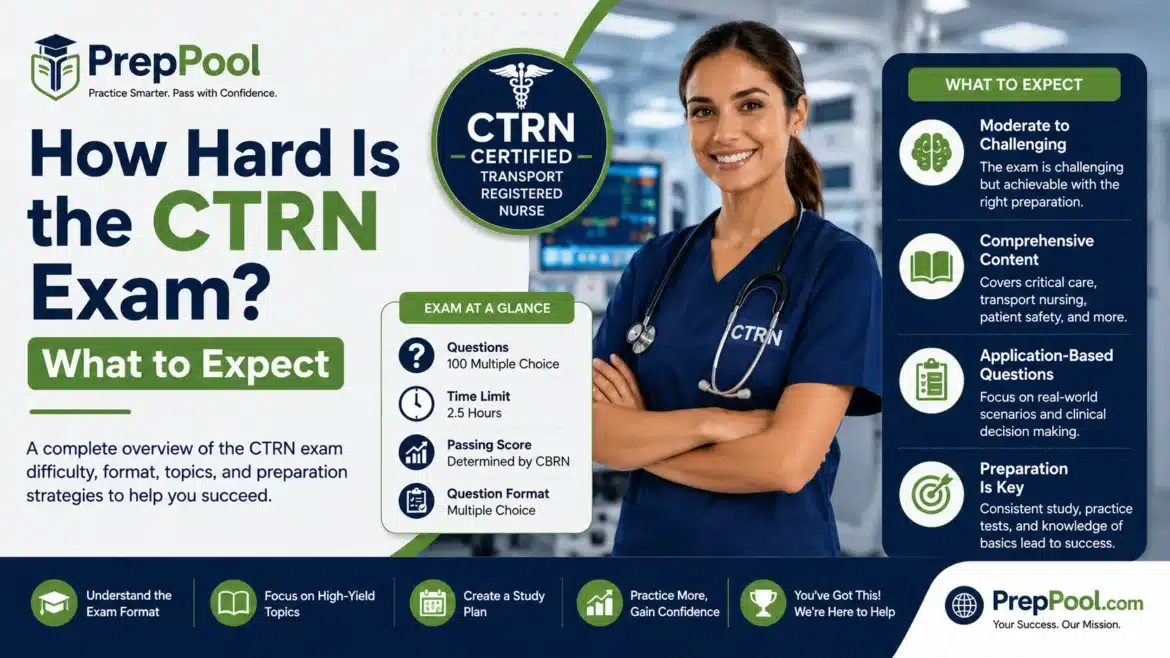 PrepPool infographic explaining how hard the CTRN exam is, including exam format, difficulty level, question types, preparation tips, and what candidates can expect before taking the Certified Transport Registered Nurse certification exam.
