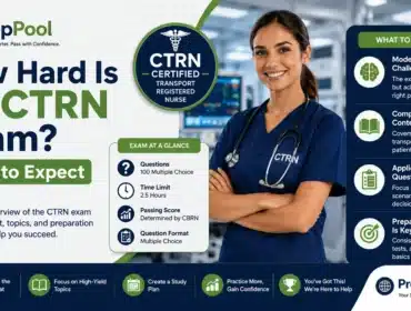 PrepPool infographic explaining how hard the CTRN exam is, including exam format, difficulty level, question types, preparation tips, and what candidates can expect before taking the Certified Transport Registered Nurse certification exam.