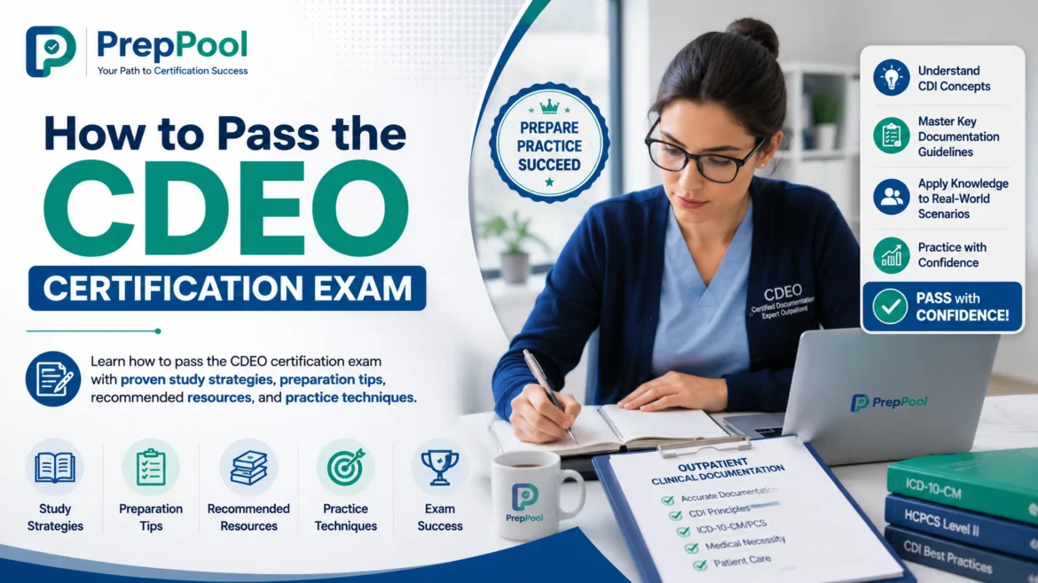 Professional PrepPool banner showing how to pass the CDEO Certification Exam with study strategies, preparation tips, recommended resources, outpatient CDI documentation, and practice techniques.