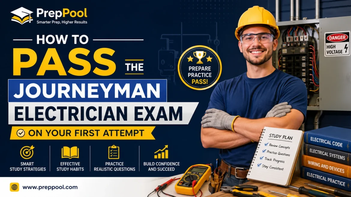 How to pass the Journeyman Electrician Exam on your first attempt using effective study strategies, realistic practice questions, electrical code preparation, and confidence-building exam tips by PrepPool.