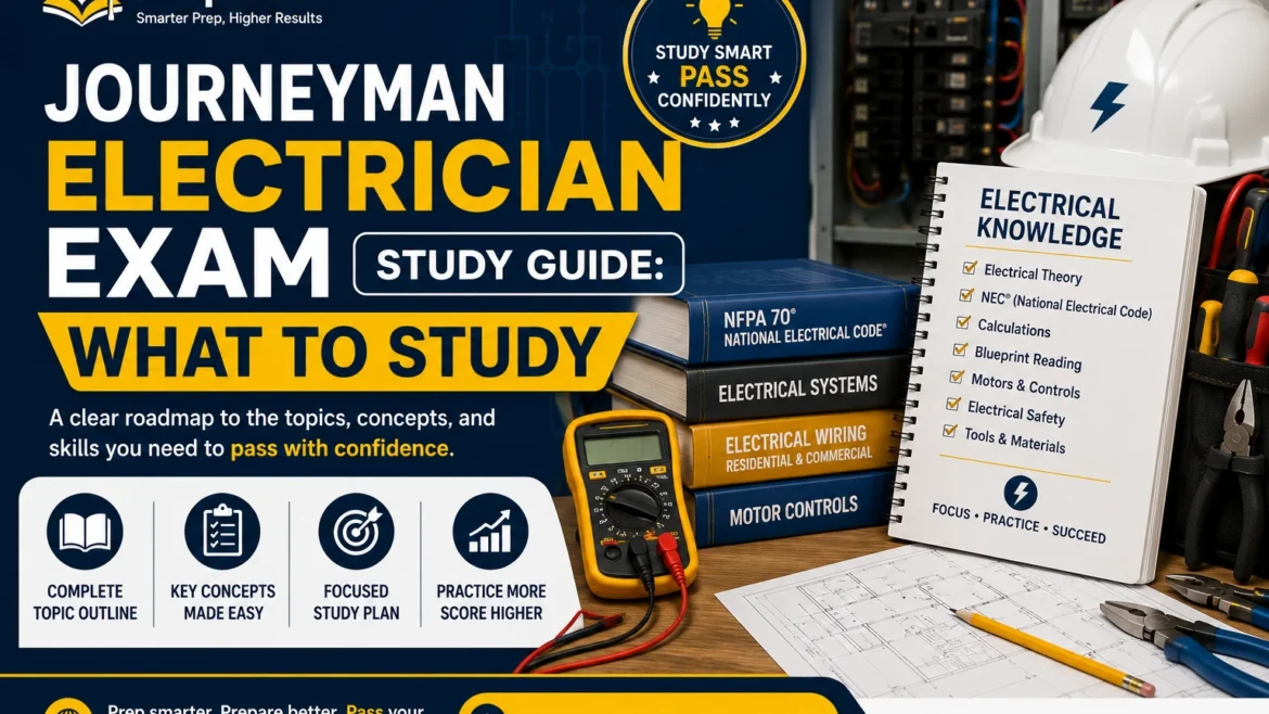 Journeyman Electrician Exam study guide featuring key topics to study, including the National Electrical Code (NEC), electrical theory, calculations, blueprint reading, motors and controls, electrical safety, and realistic practice questions by PrepPool.