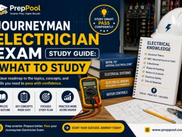 Journeyman Electrician Exam study guide featuring key topics to study, including the National Electrical Code (NEC), electrical theory, calculations, blueprint reading, motors and controls, electrical safety, and realistic practice questions by PrepPool.