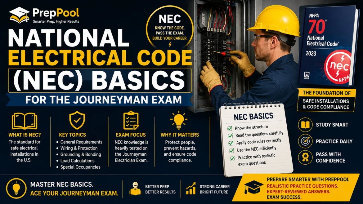 National Electrical Code (NEC) basics for the Journeyman Electrician Exam, covering NEC structure, grounding and bonding, wiring and protection, load calculations, code compliance, and essential exam preparation by PrepPool.