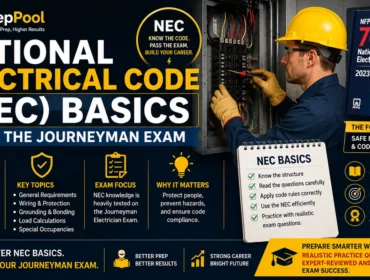 National Electrical Code (NEC) basics for the Journeyman Electrician Exam, covering NEC structure, grounding and bonding, wiring and protection, load calculations, code compliance, and essential exam preparation by PrepPool.