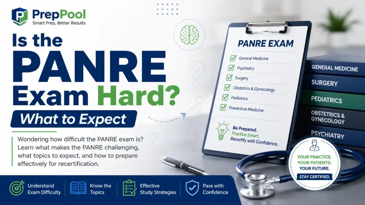 PrepPool illustration explaining how difficult the PANRE exam is, covering exam difficulty, key content areas, study strategies, and recertification preparation for physician assistants.