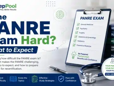 PrepPool illustration explaining how difficult the PANRE exam is, covering exam difficulty, key content areas, study strategies, and recertification preparation for physician assistants.