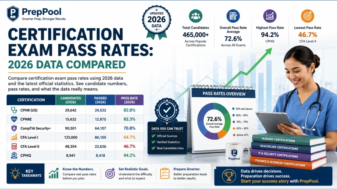 Professional infographic comparing 2026 certification exam pass rates, candidate numbers, and official statistics across healthcare, IT, finance, and professional certification exams.