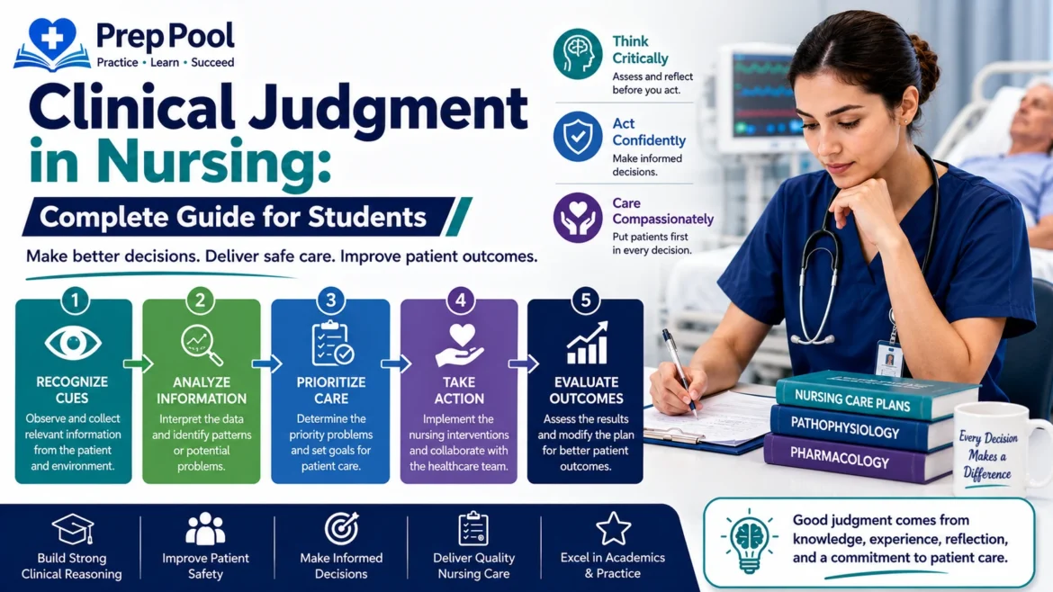 Clinical judgment in nursing infographic showing how students recognize cues, analyze information, prioritize care, take action, and evaluate outcomes