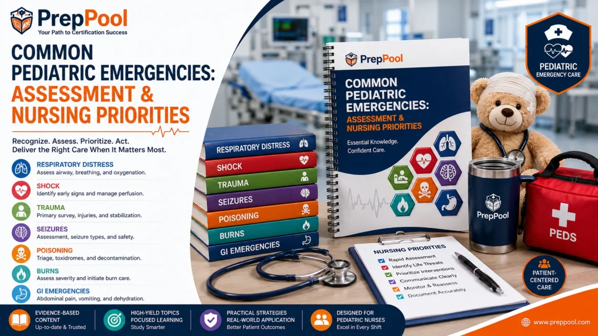 Common pediatric emergencies guide covering respiratory distress, shock, trauma, seizures, poisoning, burns, GI emergencies, and nursing priorities.