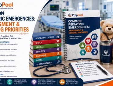 Common pediatric emergencies guide covering respiratory distress, shock, trauma, seizures, poisoning, burns, GI emergencies, and nursing priorities.