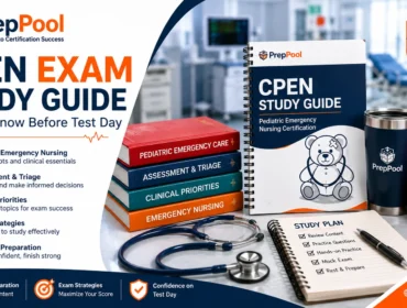 CPEN exam study guide featuring pediatric emergency nursing, triage, clinical priorities, and test-day preparation.