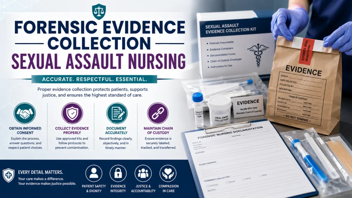Forensic evidence collection in sexual assault nursing, including informed consent, evidence preservation, documentation, and chain of custody