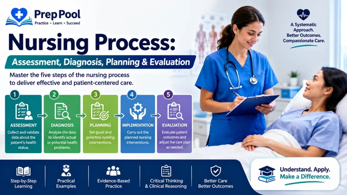 Nursing process infographic showing assessment, diagnosis, planning, implementation, and evaluation for nursing students