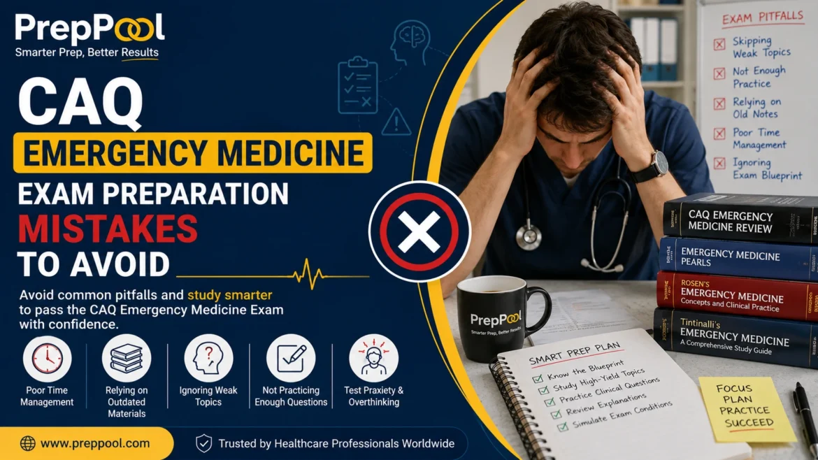 Common CAQ Emergency Medicine exam preparation mistakes to avoid, including poor time management, outdated study materials, weak topic review, and insufficient practice questions