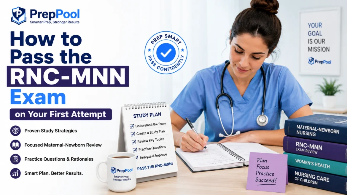 Nurse studying for the RNC-MNN exam with a focused study plan, maternal-newborn nursing review books, practice questions, and exam preparation strategies