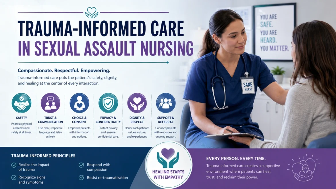 Trauma-informed care in sexual assault nursing covering consent, patient safety, privacy, dignity, communication, and support