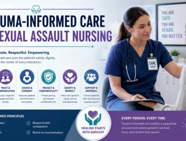 Trauma-informed care in sexual assault nursing covering consent, patient safety, privacy, dignity, communication, and support